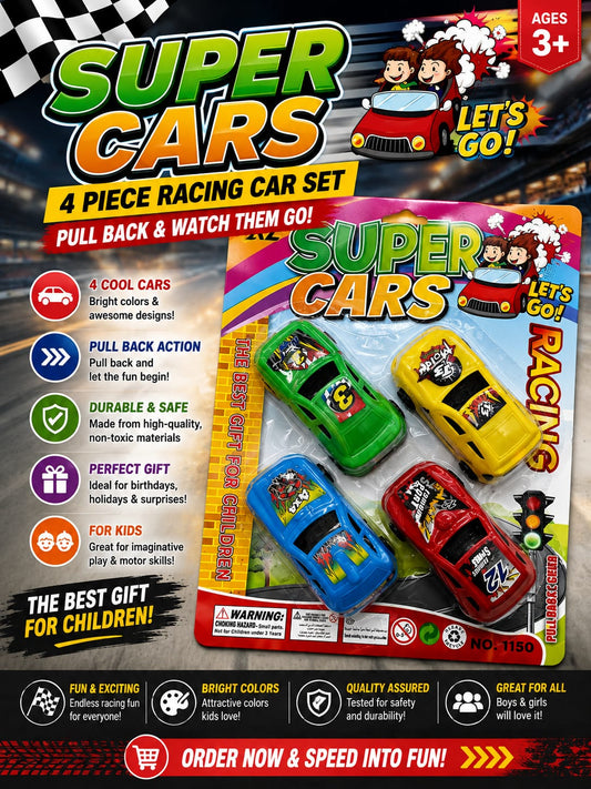 Super Cars 4-Piece Pull-Back Racing Car Set - No. 1150 - Win Bachat