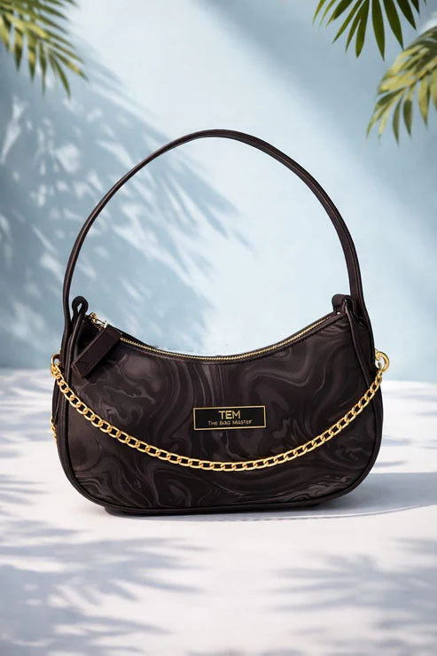 Marble Pattern Chain Shoulder Bag – Dark Chocolate