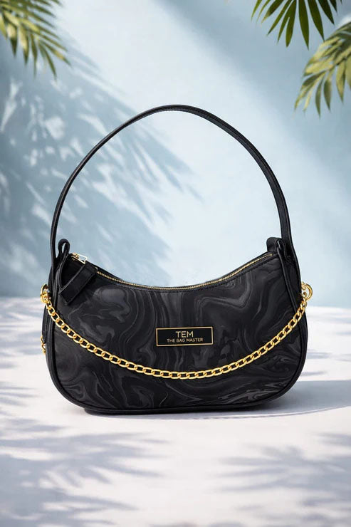 Marble Pattern Chain Shoulder Bag – Black