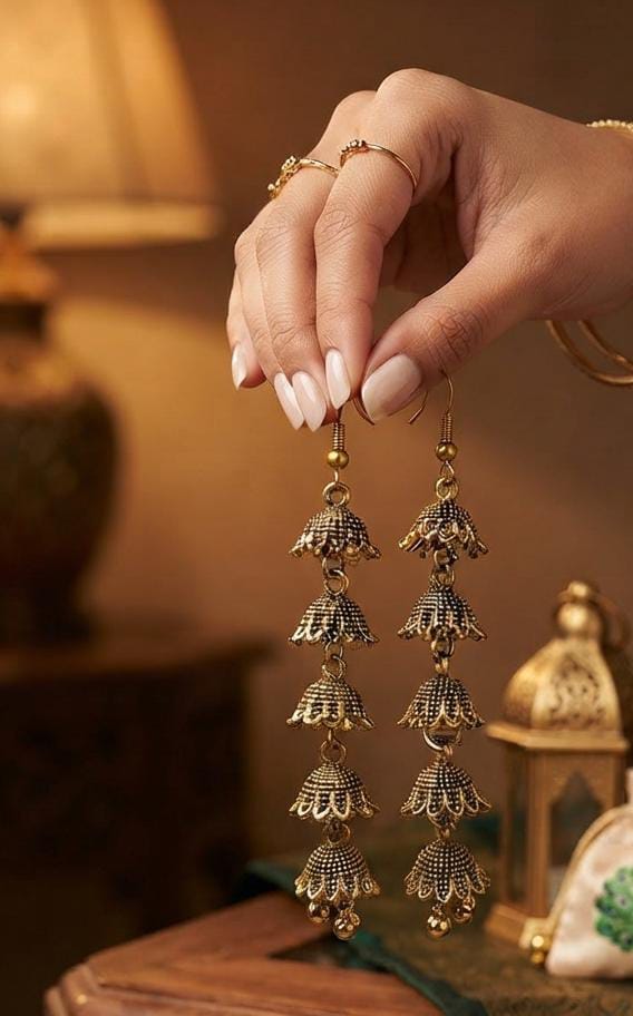 Antique Gold Tiered Jhumka Earrings for Women - Win Bachat