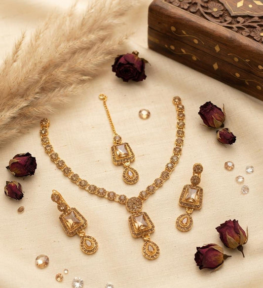 Antique Gold-Tone Champagne Stone Jewellery Set - Win Bachat