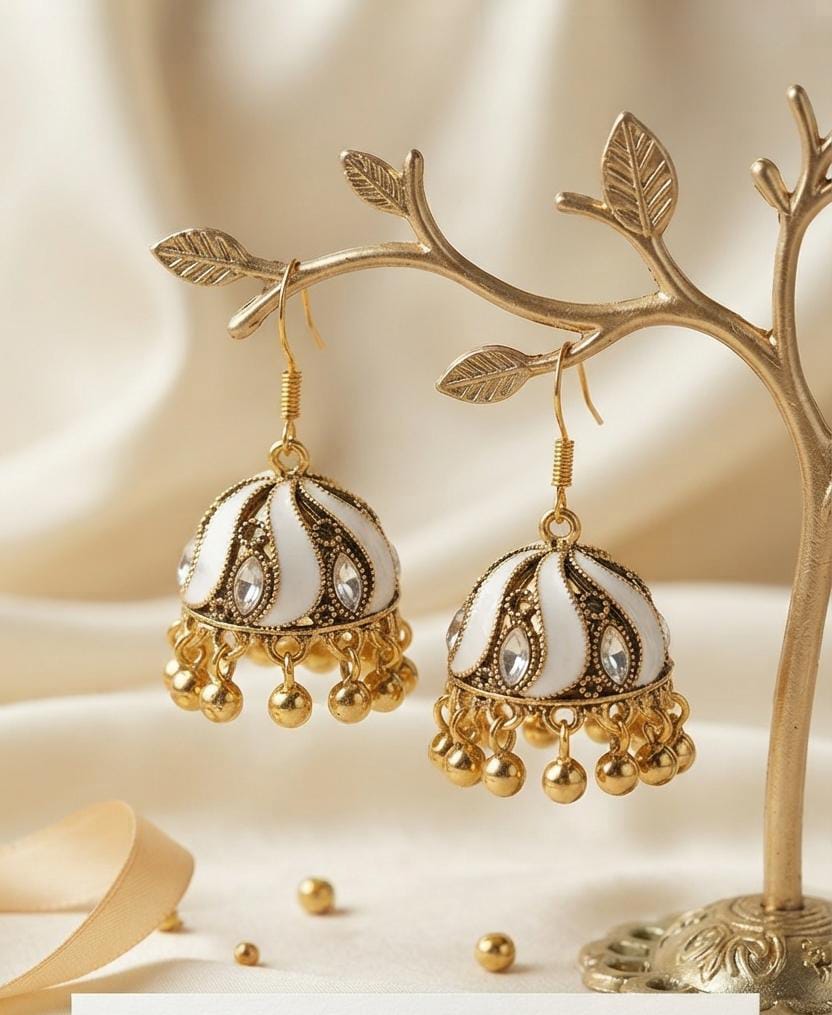 Antique Gold White Enamel Jhumka Earrings for Women - Win Bachat
