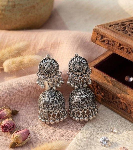 Antique Oxidized Silver Dome Jhumka Earrings - Win Bachat