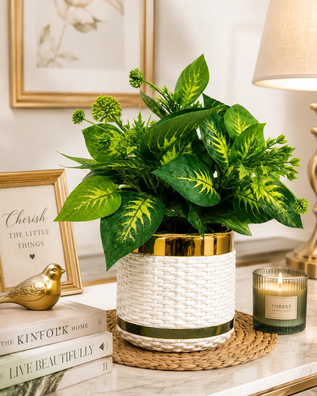 Artificial Green Leaf Plant with Decorative Fiber Plastic Pot - Win Bachat