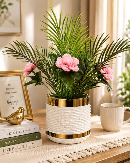Artificial Pink Flower Plant with Decorative Fiber Plastic Pot - Win Bachat