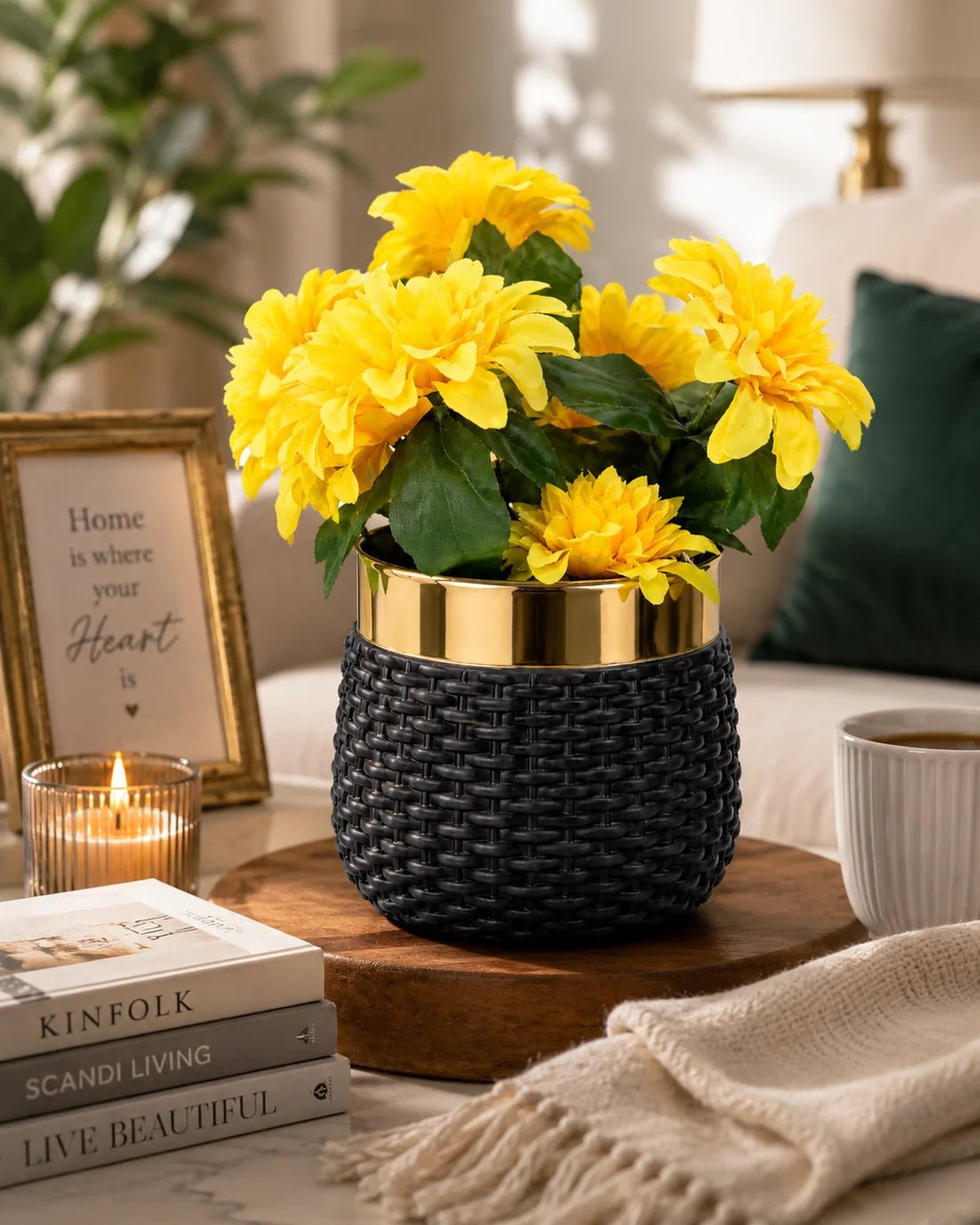 Artificial Yellow Flower Arrangement with Decorative Fiber Plastic Pot - Win Bachat