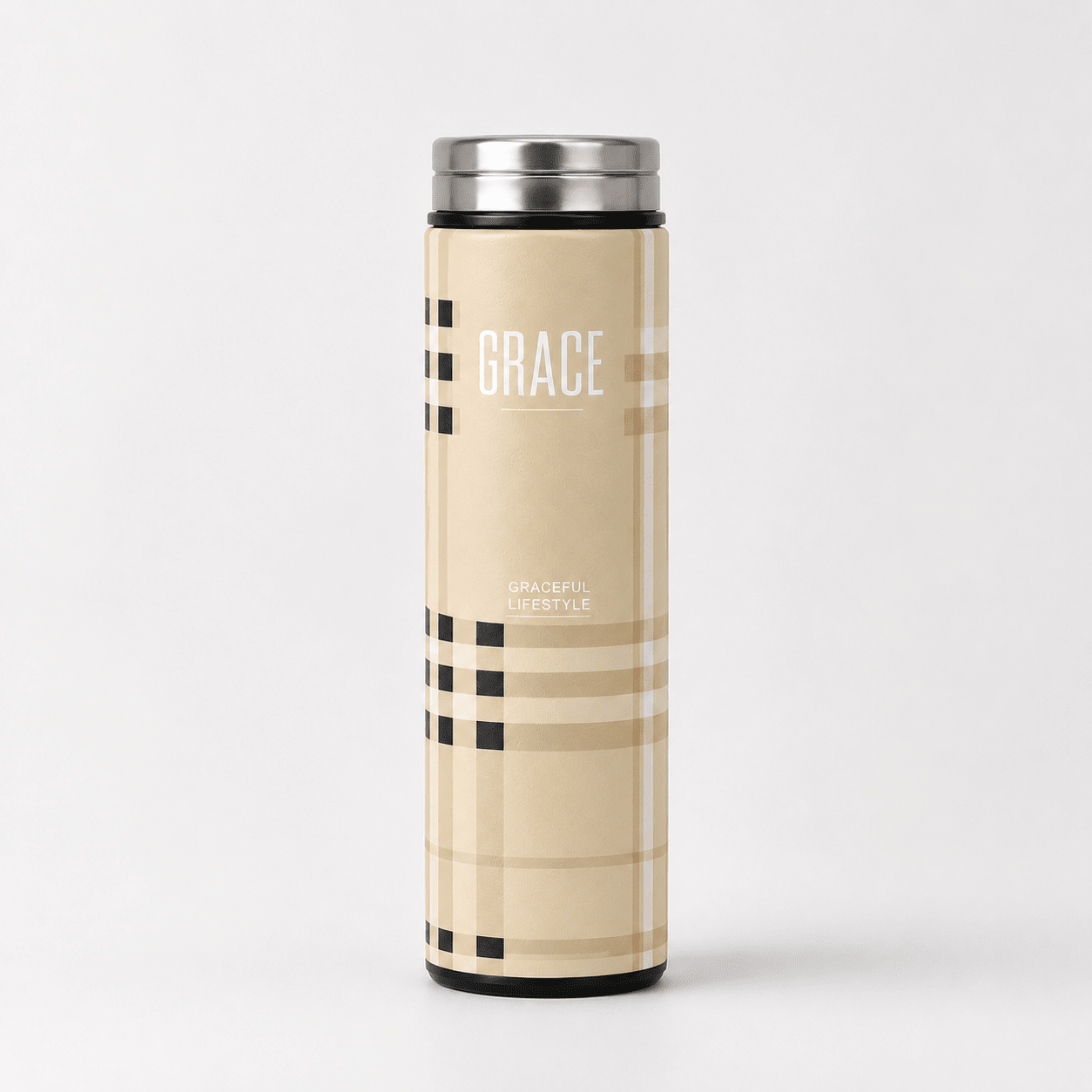 Beige Check Printed Vacuum Flask - Win Bachat