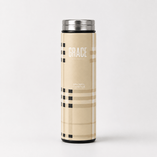 Beige Check Printed Vacuum Flask - Win Bachat