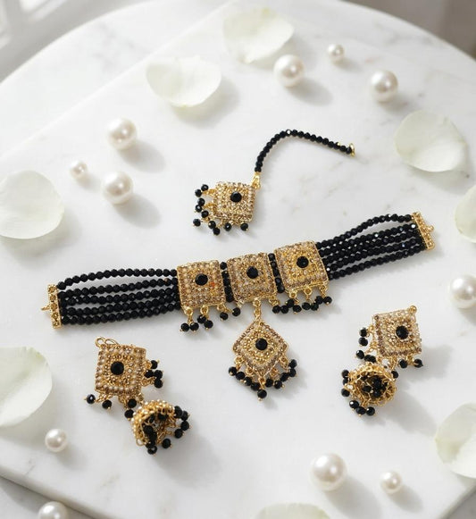 Black Beaded Choker & Jhumka Jewellery Set with Maang Tikka - Win Bachat