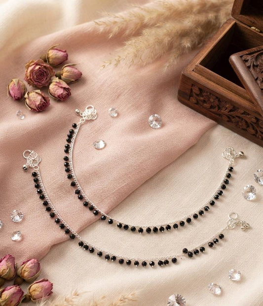 Black Beaded Silver-Tone Layered Anklet Set - Win Bachat