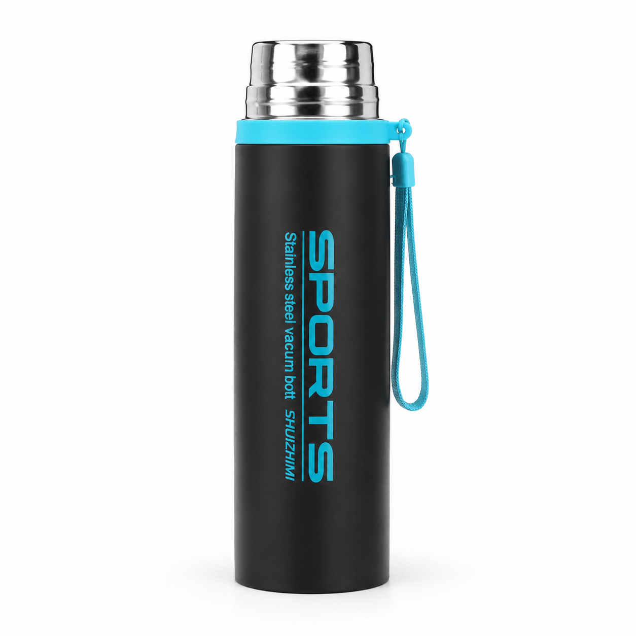 Black & Blue Sports Vacuum Flask with Carry Strap - Win Bachat