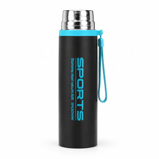 Black & Blue Sports Vacuum Flask with Carry Strap - Win Bachat