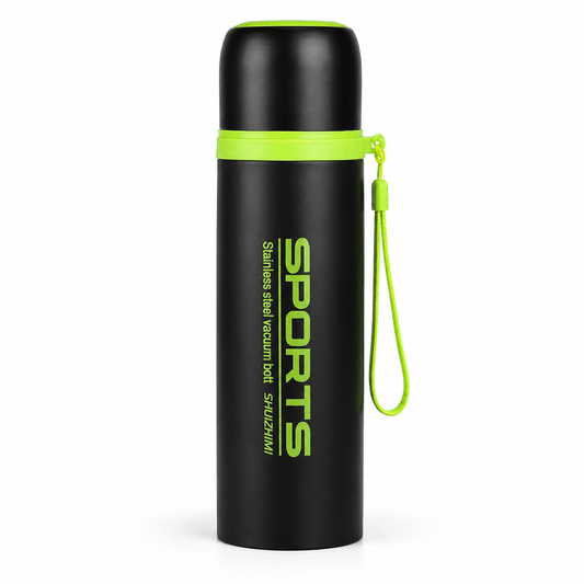 Black & Green Sports Vacuum Flask with Carry Strap - Win Bachat