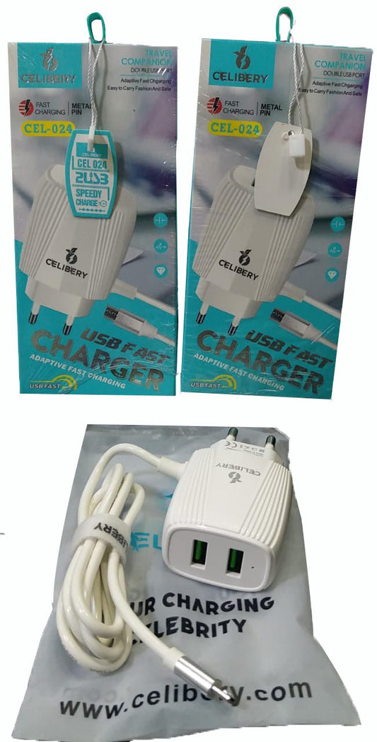 Celibery CEL-024 Dual USB Fast Travel Charger with Micro USB Cable - Win Bachat
