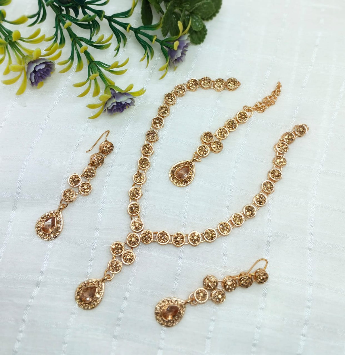 Champagne Crystal Drop Necklace & Long Earrings Set - Win Bachat
