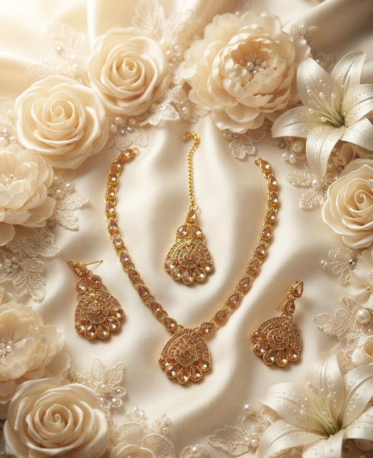Champagne Gold Teardrop Stone Necklace Set with Earrings & Maang Tikka - Win Bachat
