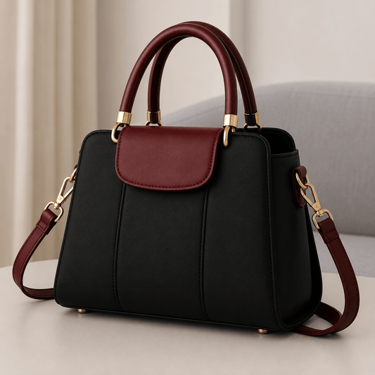 Contrast Flap Top Handle Bag - Black & Burgundy - Win Bachat