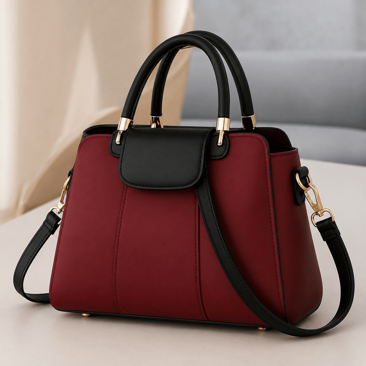 Contrast Flap Top Handle Bag - Burgundy & Black - Win Bachat
