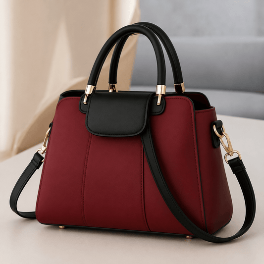 Contrast Flap Top Handle Bag - Burgundy & Black - Win Bachat