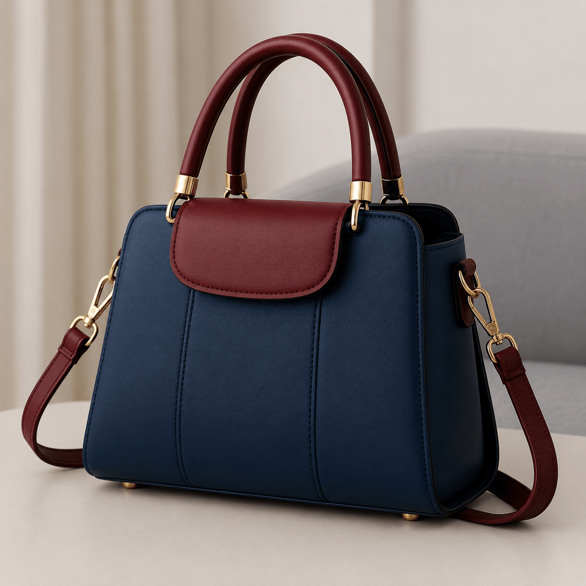 Contrast Flap Top Handle Bag - Navy Blue & Burgundy - Win Bachat