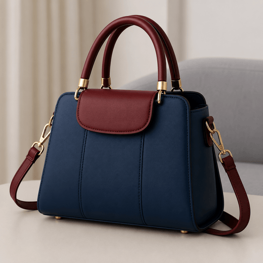 Contrast Flap Top Handle Bag - Navy Blue & Burgundy - Win Bachat