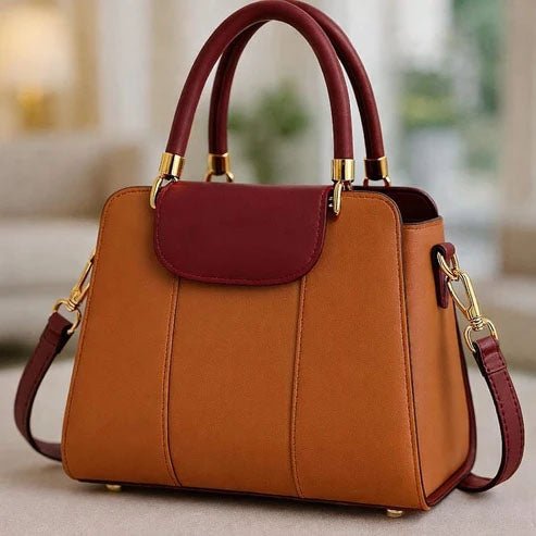 Contrast Flap Top Handle Bag - Tan & Burgundy - Win Bachat