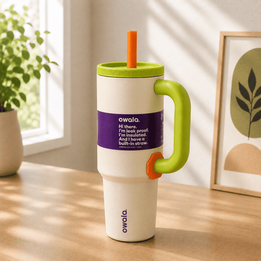 Cream & Lime Insulated Tumbler with Handle & Built-in Straw - Win Bachat