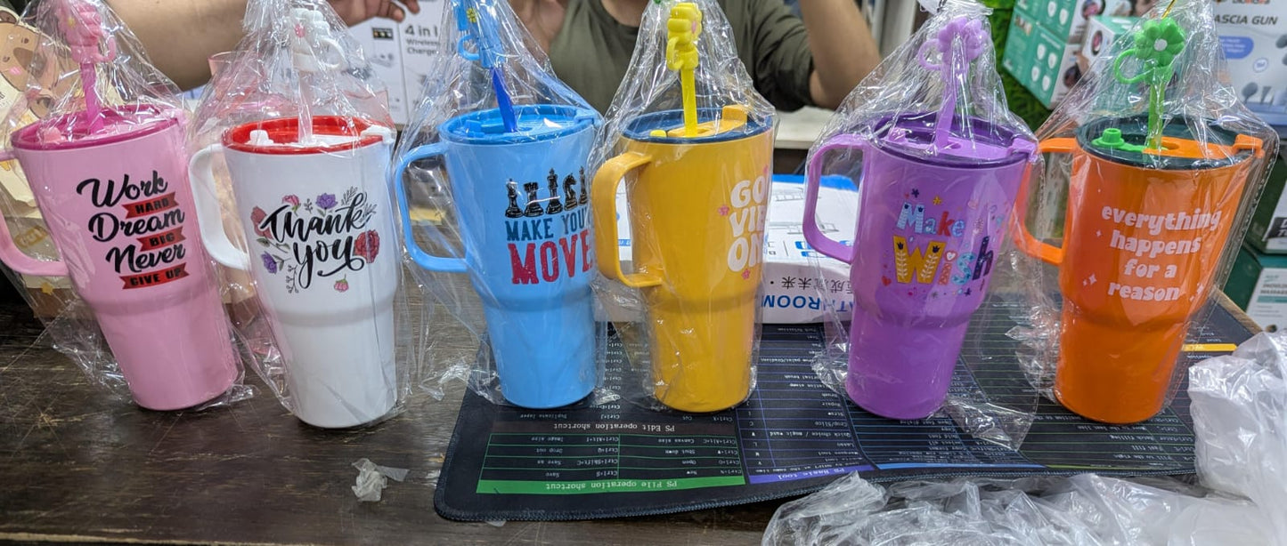 CUTE MINI TUMBLER HIGH QUALITY PLASTIC MATERIAL WITH STRAW AND STRAW CAP 750ML - Win Bachat