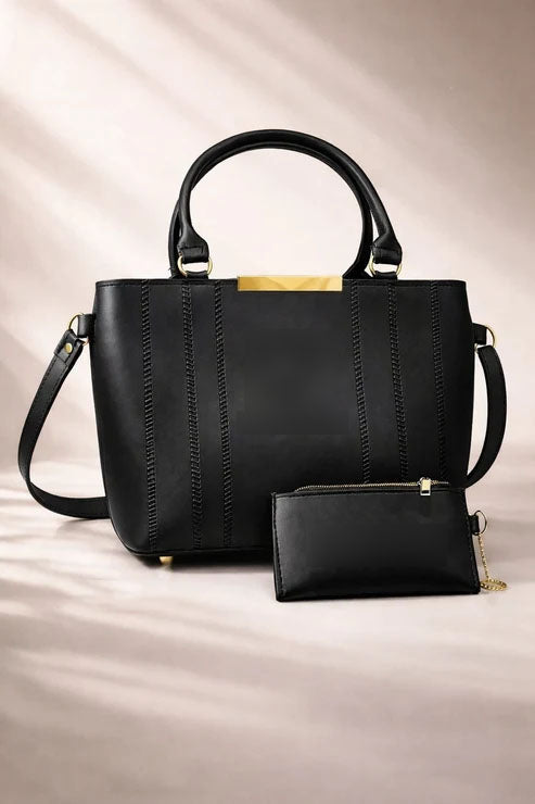 Double Zipper Handbag & Wallet Set - Black - Win Bachat