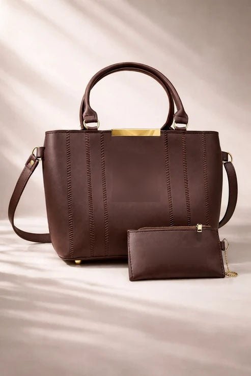 Double Zipper Handbag & Wallet Set - Dark Brown - Win Bachat