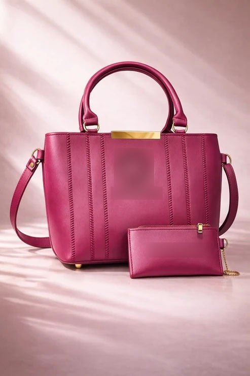 Double Zipper Handbag & Wallet Set - Magenta - Win Bachat