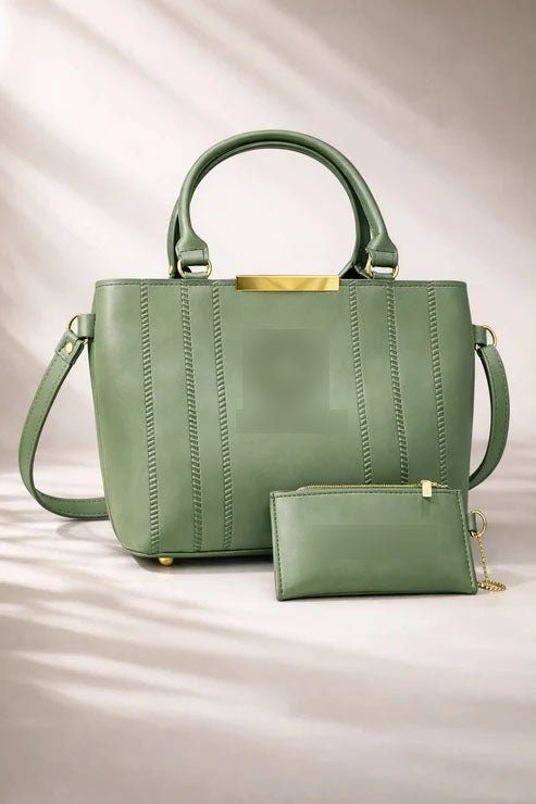 Double Zipper Handbag & Wallet Set - Sage Green - Win Bachat