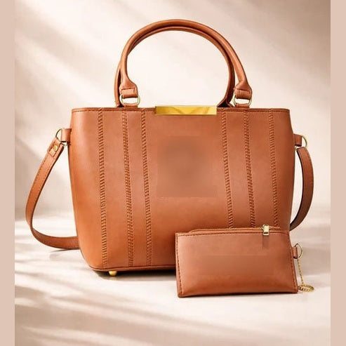 Double Zipper Handbag & Wallet Set - Tan Brown - Win Bachat
