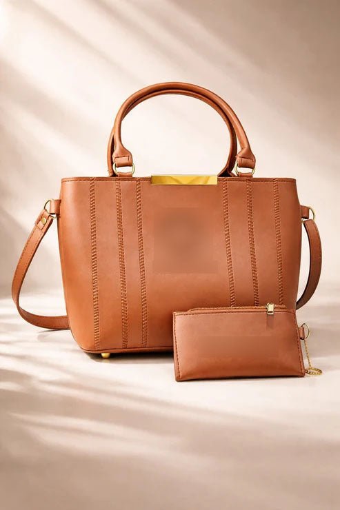 Double Zipper Handbag & Wallet Set - Tan Brown - Win Bachat