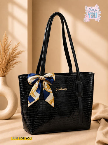 Elegant Crocodile Textured Tote Handbag with Ribbon Scarf for Women