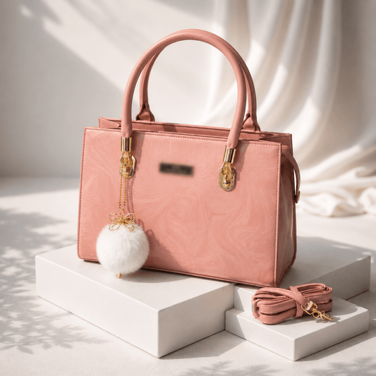 Elegant Shoulder Handbag with Fur Charm - Blush Pink - Win Bachat