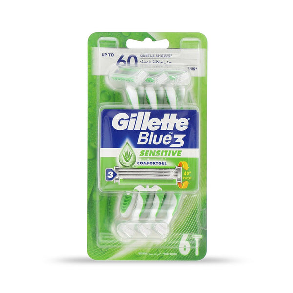 Gillette Shaving Razor Blue 3 Sensitive - 6Pc (Green) - Win Bachat