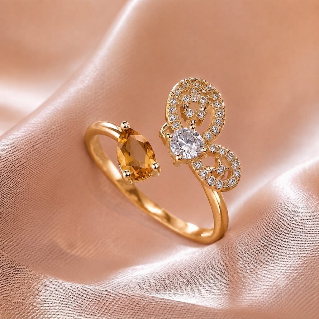 Gold Butterfly Adjustable Zircon Ring – Champagne Stone - Win Bachat