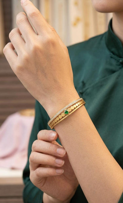 Gold Plated Stainless Steel Openable Bangle – Green Heart Stone - Win Bachat