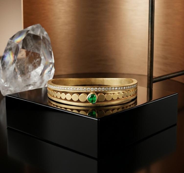 Gold Plated Stainless Steel Openable Bangle – Green Heart Stone - Win Bachat