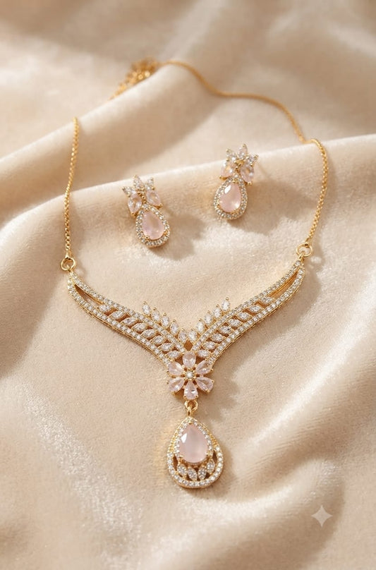 Gold Plated Zircon Necklace Set – Blush Pink - Win Bachat