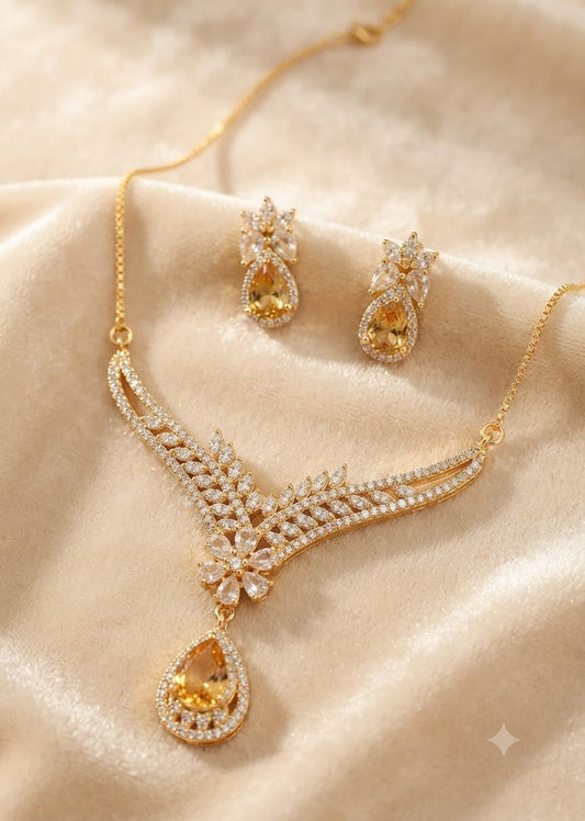 Gold Plated Zircon Necklace Set – Champagne Gold - Win Bachat