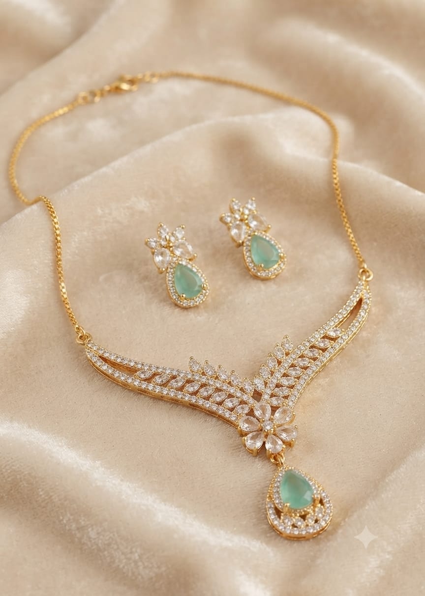 Gold Plated Zircon Necklace Set – Emerald Green - Win Bachat