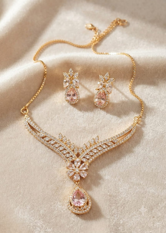 Gold Plated Zircon Necklace Set – Light Pink - Win Bachat