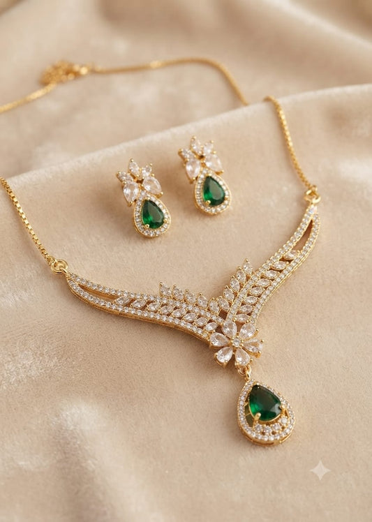 Gold Plated Zircon Necklace Set – Mint Green - Win Bachat