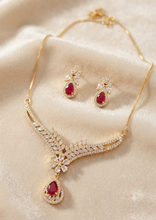 Gold Plated Zircon Necklace Set – Ruby Red - Win Bachat