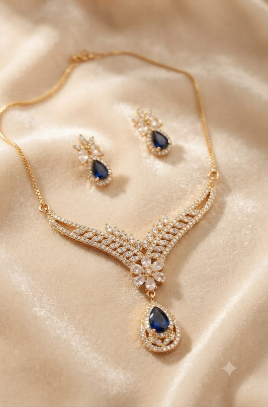 Gold Plated Zircon Necklace Set – Sapphire Blue - Win Bachat