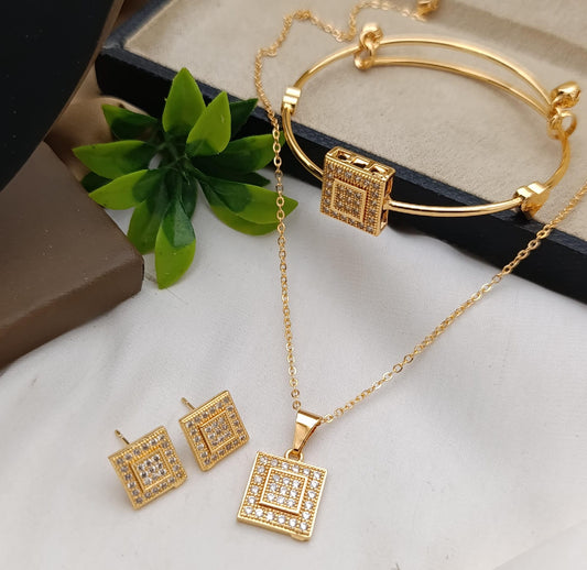 Gold-Tone Black Rectangular Crystal Pendant & Earrings Set - Win Bachat