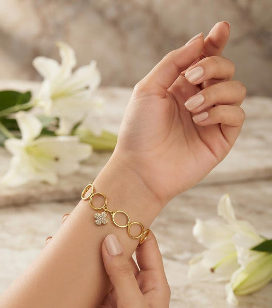 Gold-Tone Circle Link Floral Charm Bracelet - Win Bachat