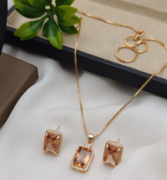 Gold-Tone Clear Rectangular Crystal Pendant & Earrings Set - Win Bachat